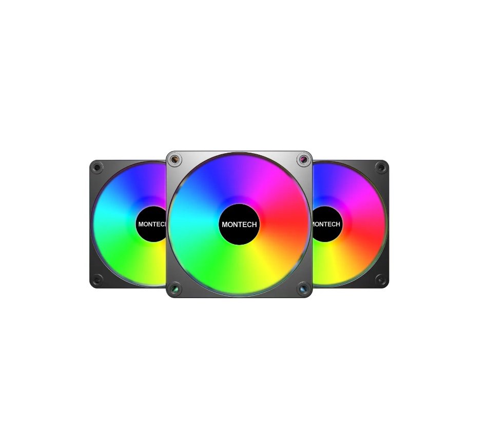 MONTECH GF120R V2 ARGB GF120RV2B3in1 120mm Case Fan - 3 in 1 Pack with 6X6 Fan Hub, Black - Image 1
