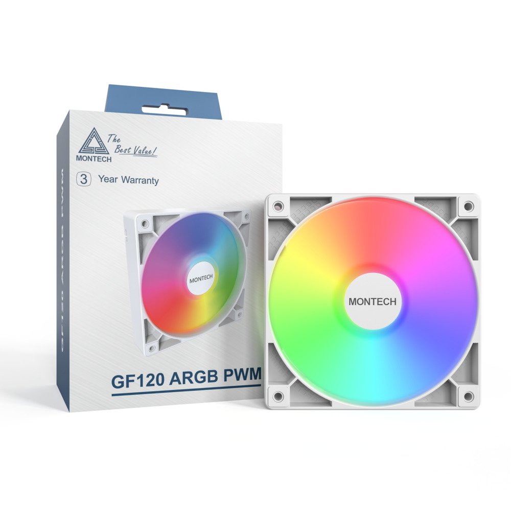 MONTECH GF120 ARGB PWM Hydraulic Bearing Fan, Low Noise 25.5dBA, High Airflow 66.3CFM, 4-Pin - 120mm (White)