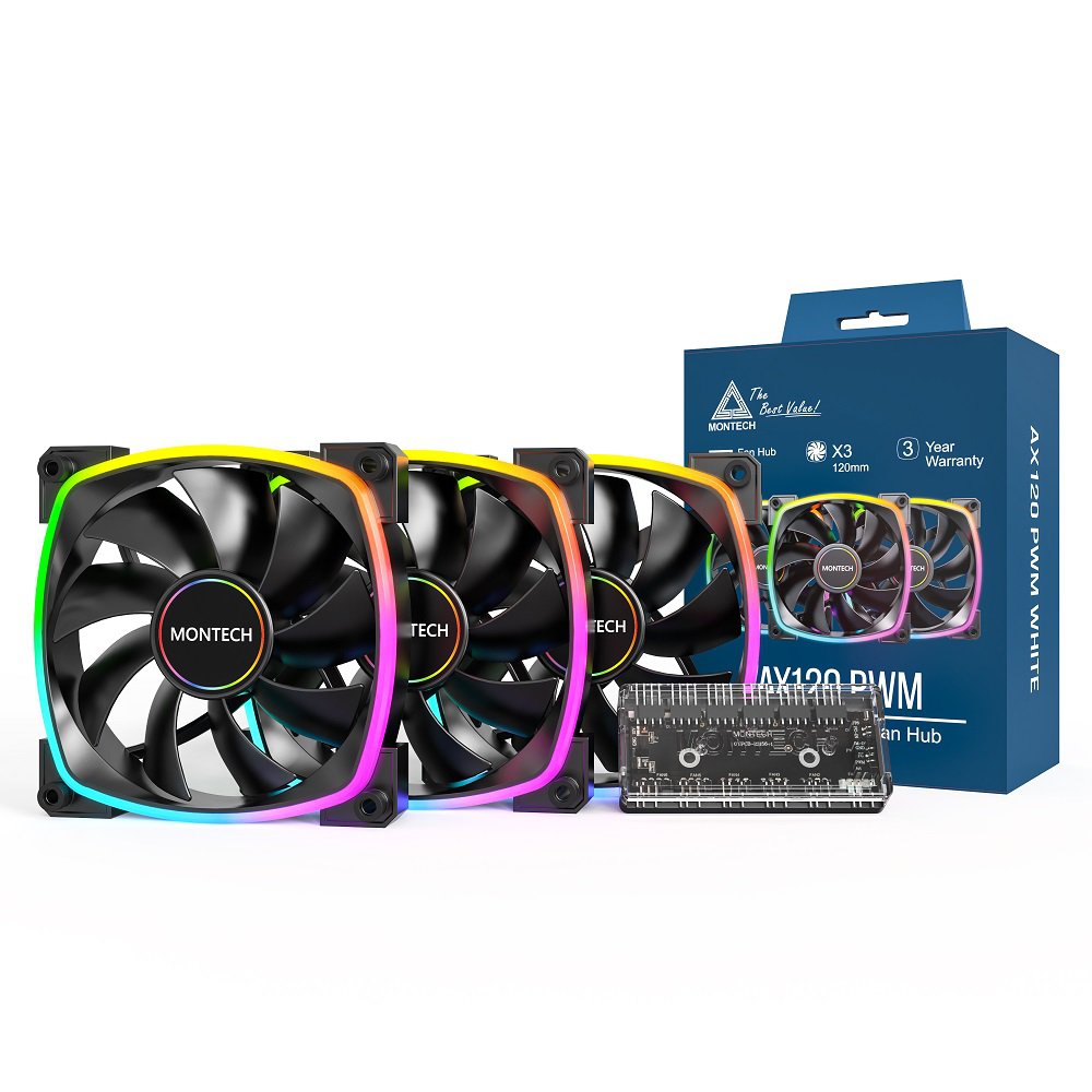 MONTECH AX 120MM PWM Fan Silent Performance 3 in 1 Pack with 6X6 Fan Hub (AX120-3in1-B)