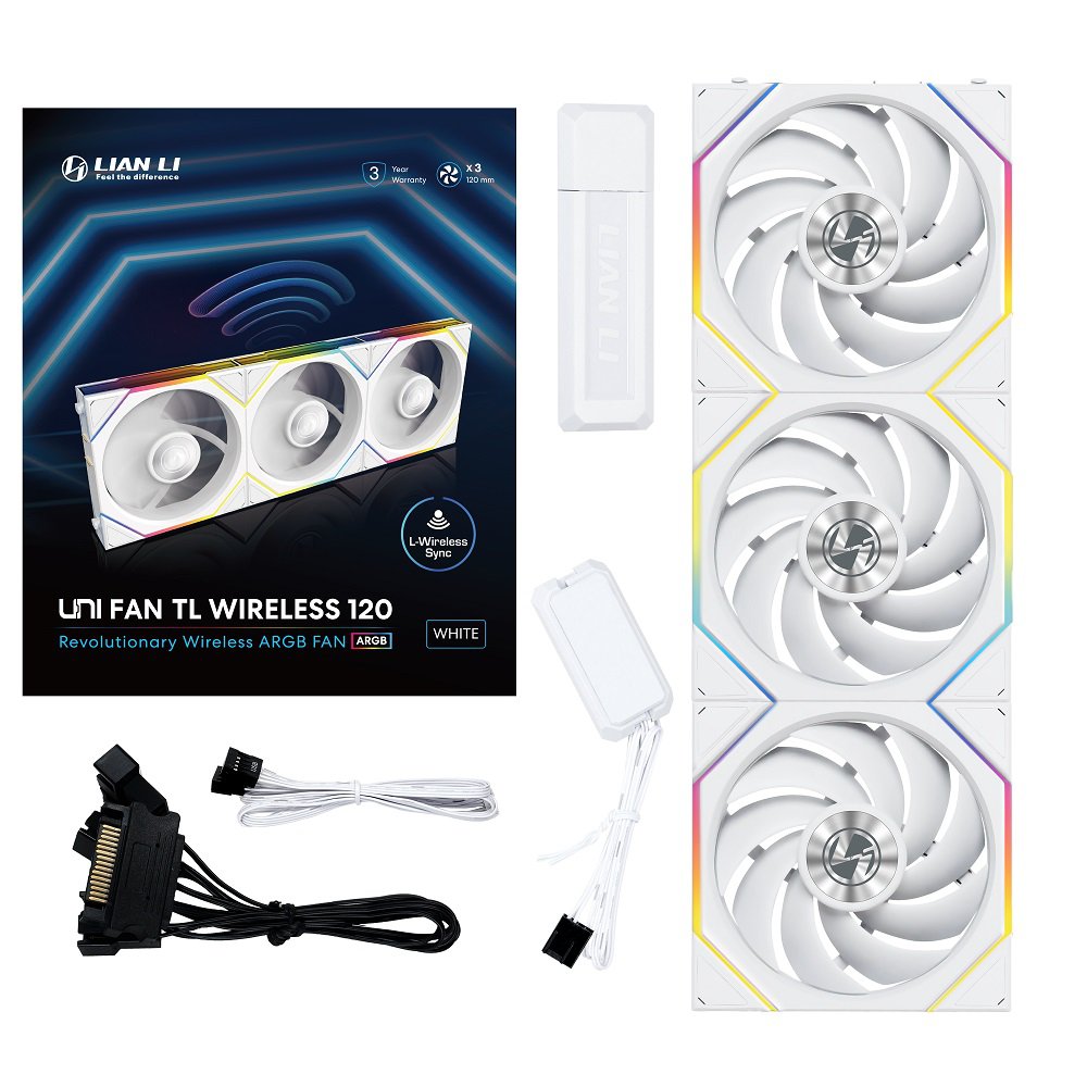 Lian Li UNI Fan TL 120 Wireless -  Customizable RGB LEDs - Triple Pack - With Controller - White (12TL1W3W) - Image 1