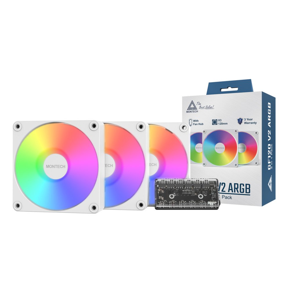 MONTECH GF120 V2 ARGB  120mm Case Fan - Quiet Performance, 3 in 1 Pack with 6X6 Fan Hub, White
